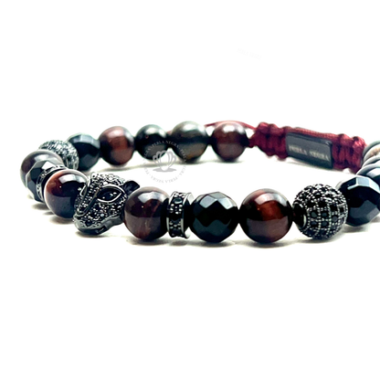 Rhodium Jaguar Black Cz, Red Tiger Eye & Agata Bracelet