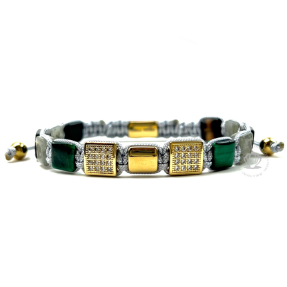 Onyx, Green Tiger Eye, Yellow Gold Cz Square Bracelet