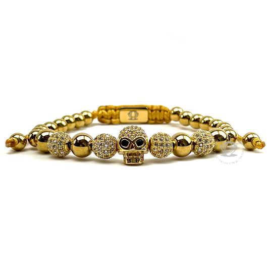 18k Gold Black Cz Skull, Gold Beads & Clear Cz Bracelet