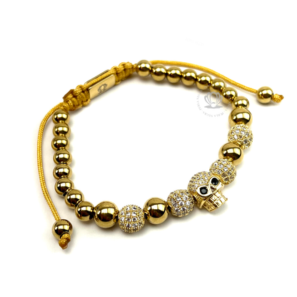 18k Gold Black Cz Skull, Gold Beads & Clear Cz Bracelet