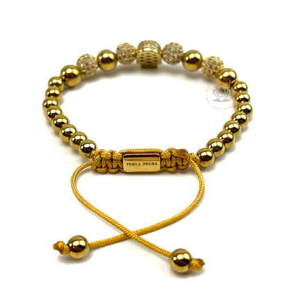 18k Gold Black Cz Skull, Gold Beads & Clear Cz Bracelet