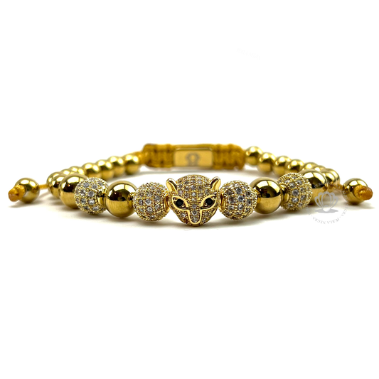 18k Gold Cz Jaguar, Gold Beads & Clear Cz Bracelet