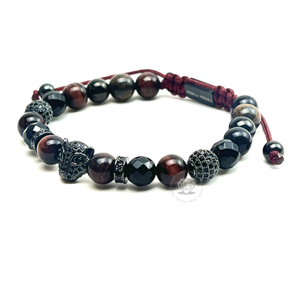 Rhodium Jaguar Black Cz, Red Tiger Eye & Agata Bracelet