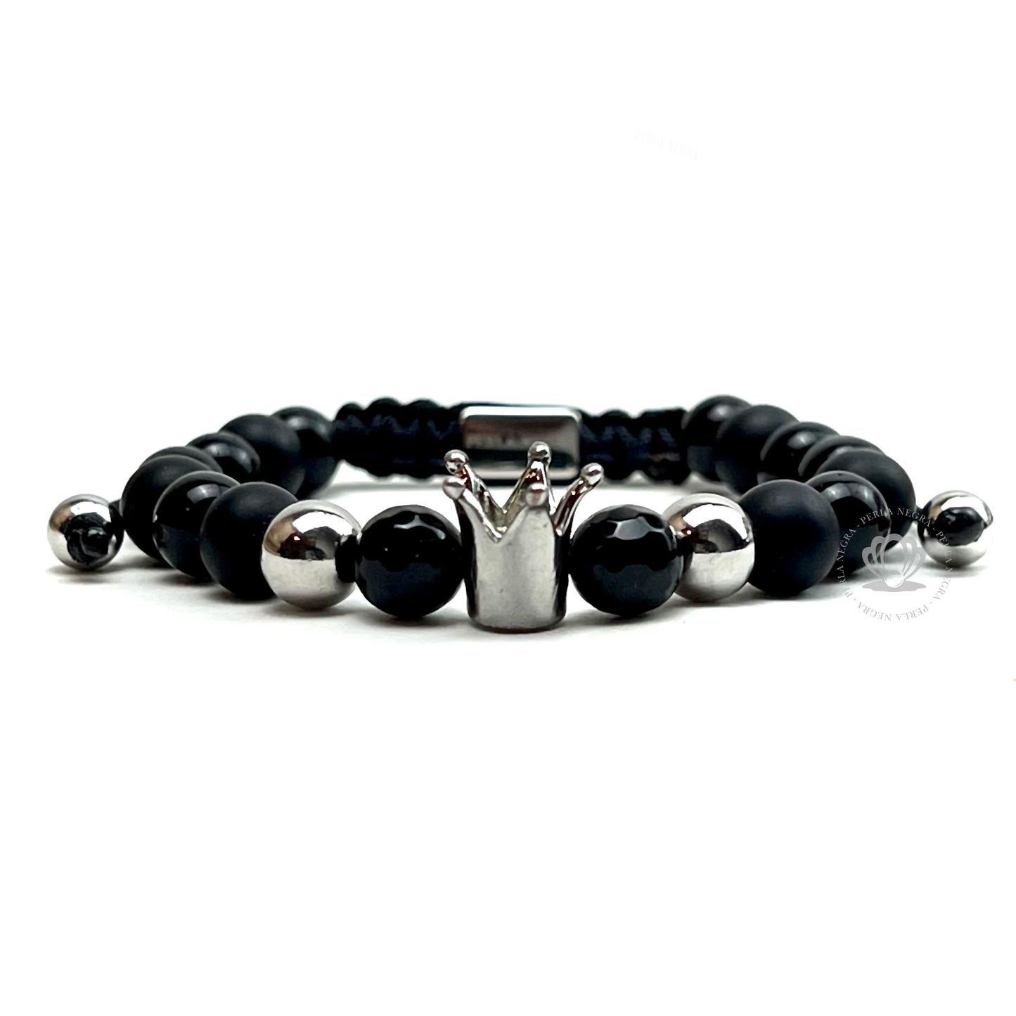 Silver Crown & Onyx Beads Bracelet