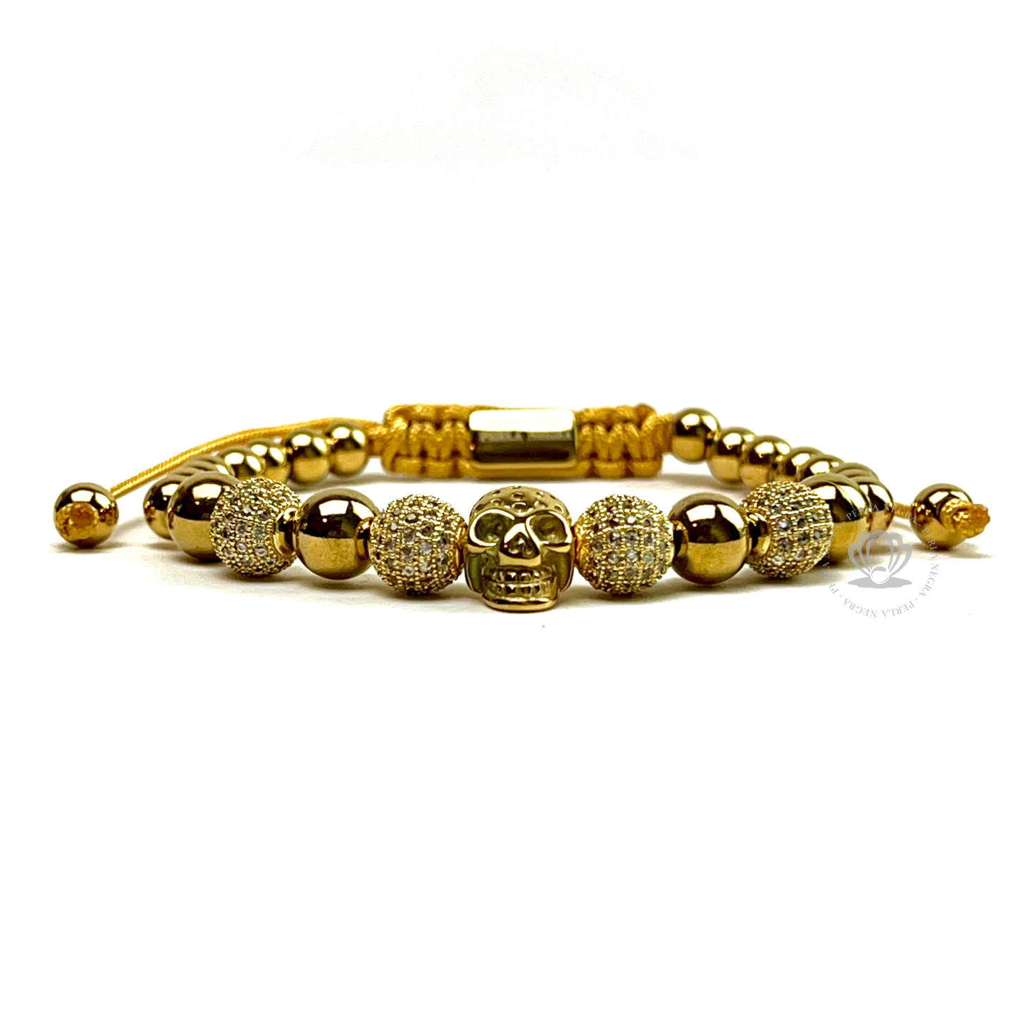 18k Gold Skull, Gold Beads & Clear Cz Bracelet