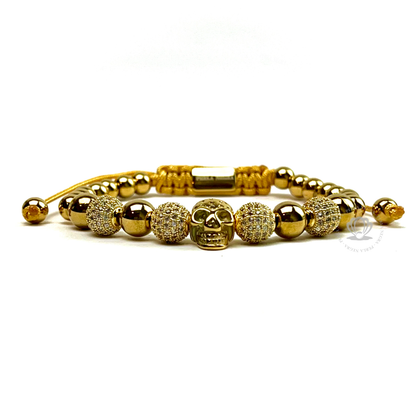 18k Gold Skull, Gold Beads & Clear Cz Bracelet
