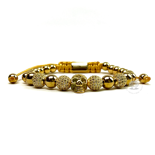18k Gold Skull, Gold Beads & Clear Cz Bracelet