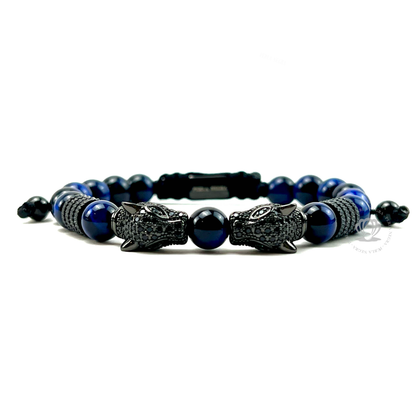 Rhodium Jaguar & Blue Tiger Eye Beads Bracelet