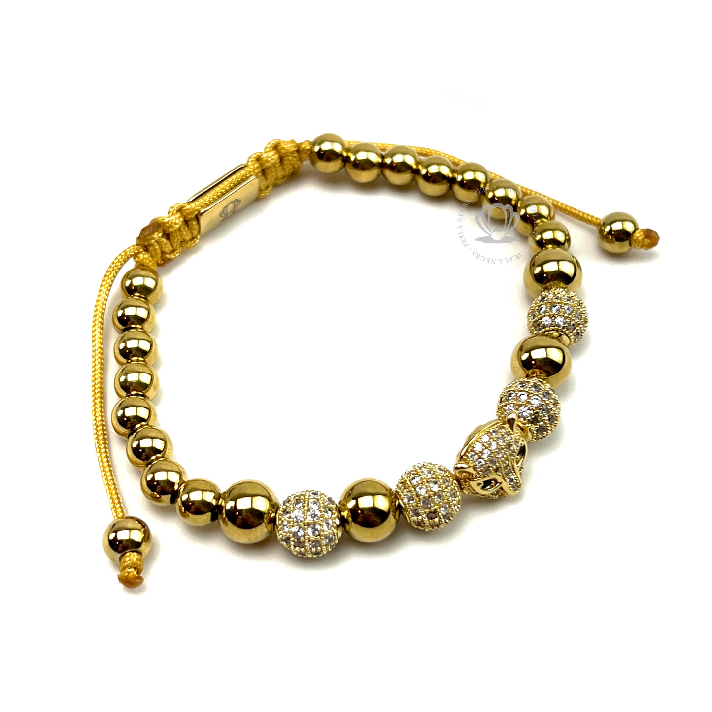 18k Gold Cz Jaguar, Gold Beads & Clear Cz Bracelet