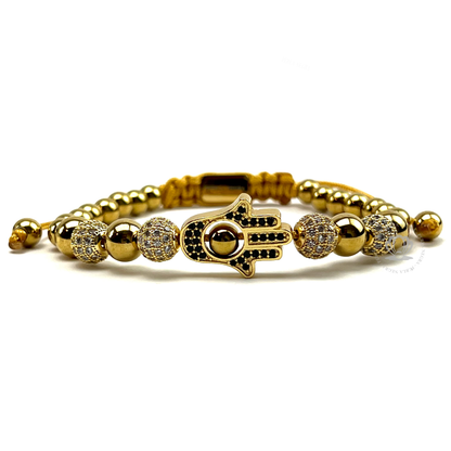 18k Gold Cz Hamsa, Gold Beads & Clear Cz Bracelet