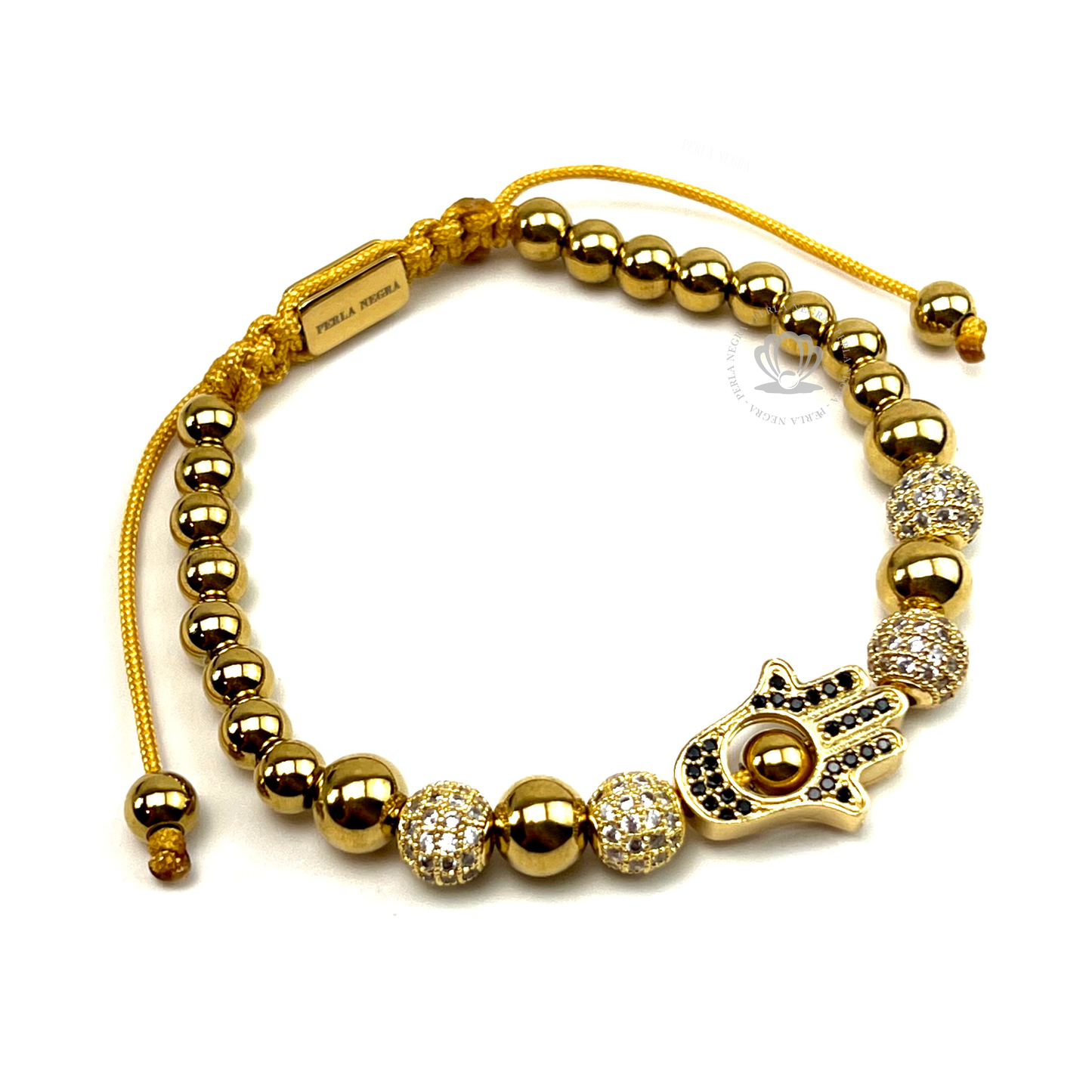 18k Gold Cz Hamsa, Gold Beads & Clear Cz Bracelet