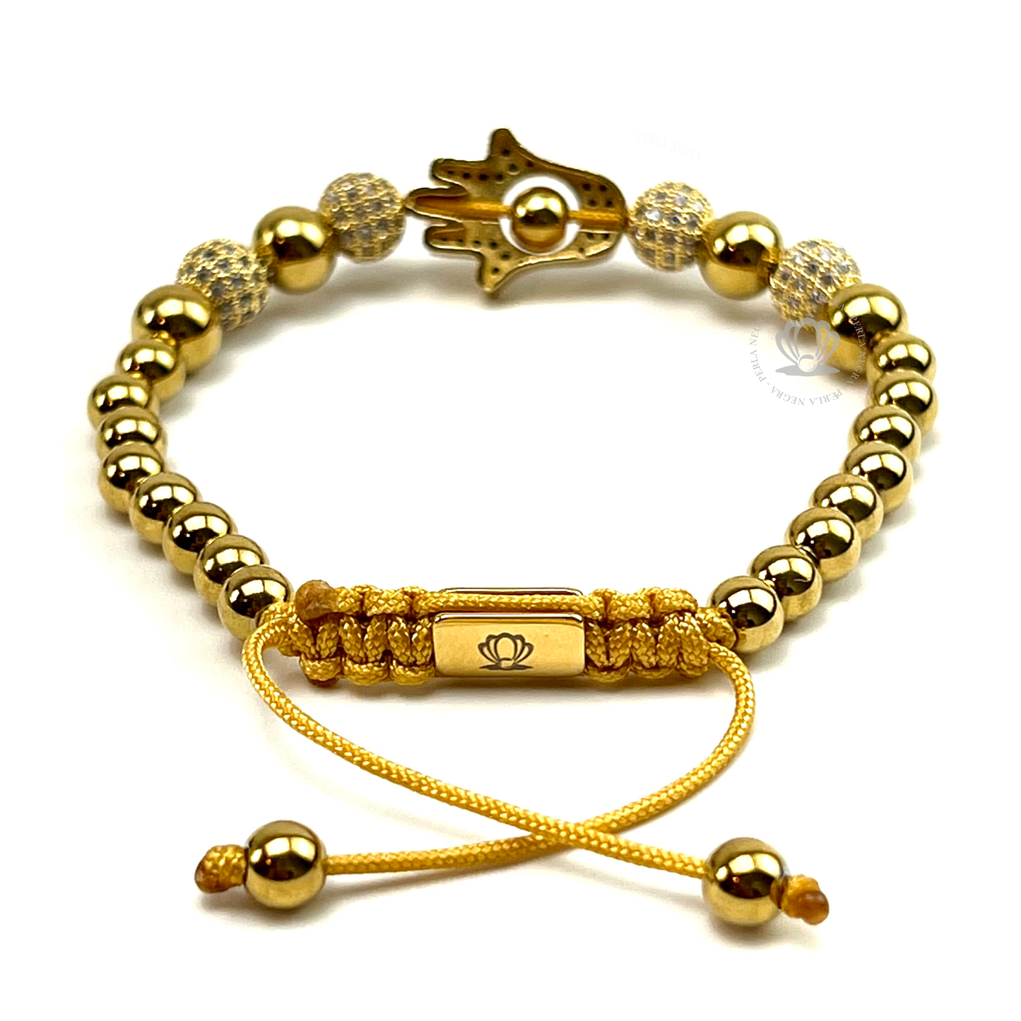 18k Gold Cz Hamsa, Gold Beads & Clear Cz Bracelet