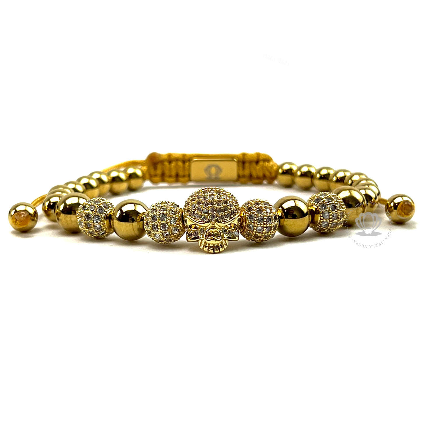 18k Gold Zirconic Skull, Gold Beads & Clear Cz Bracelet