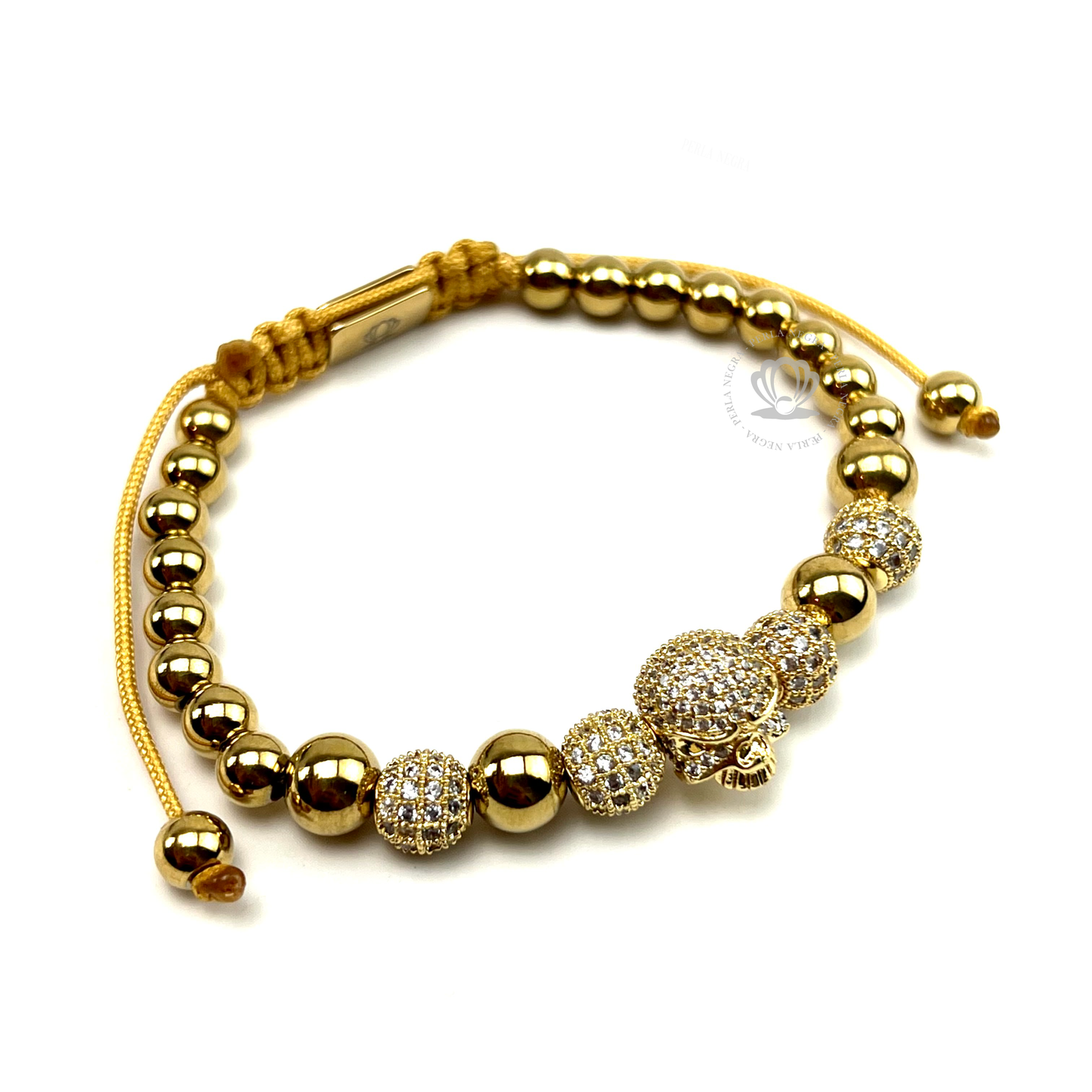 18k Gold Zirconic Skull, Gold Beads & Clear Cz Bracelet