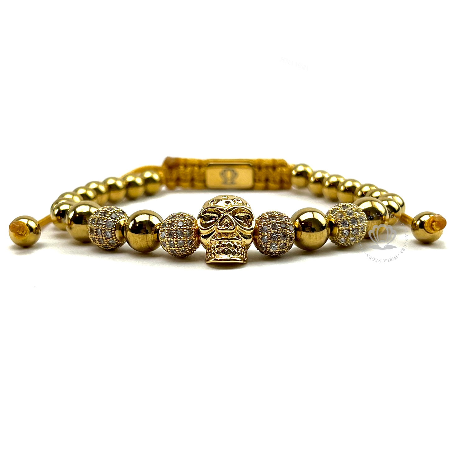 18k Gold Skull, Gold Beads & Clear Cz Bracelet