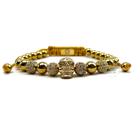 18k Gold Skull, Gold Beads & Clear Cz Bracelet