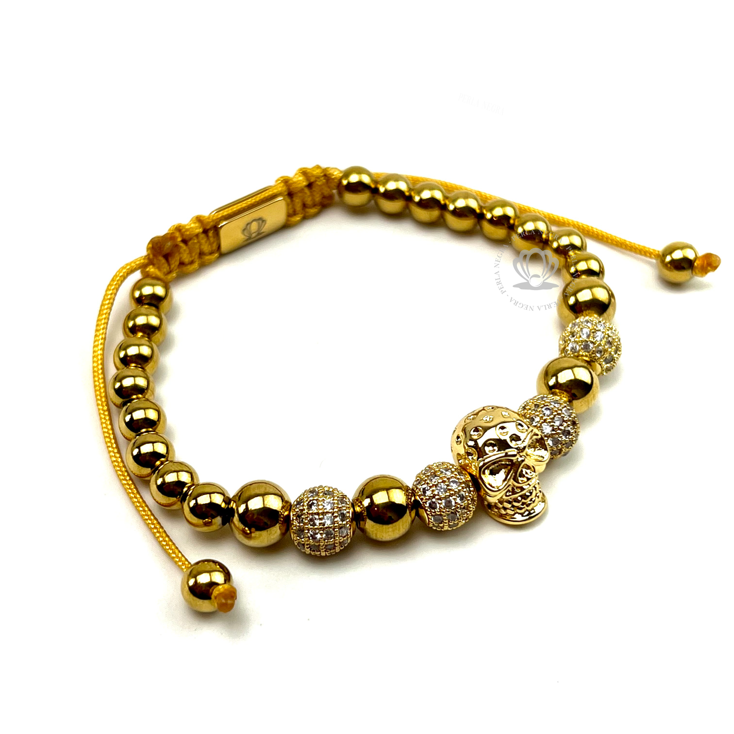 18k Gold Skull, Gold Beads & Clear Cz Bracelet