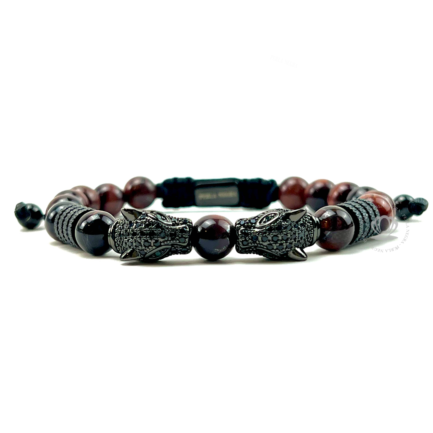 Rhodium Jaguar & Red Tiger Eye Beads Bracelet