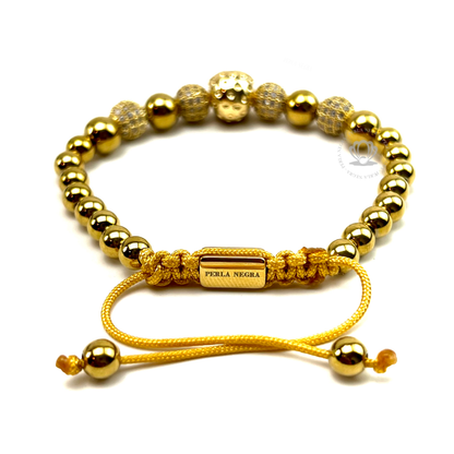 18k Gold Skull, Gold Beads & Clear Cz Bracelet