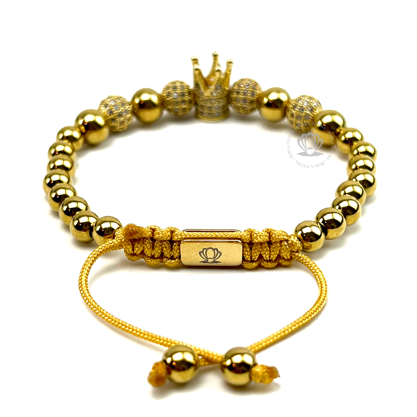 18k Gold Zirconic Crown, Gold Beads & Clear Cz Bracelet