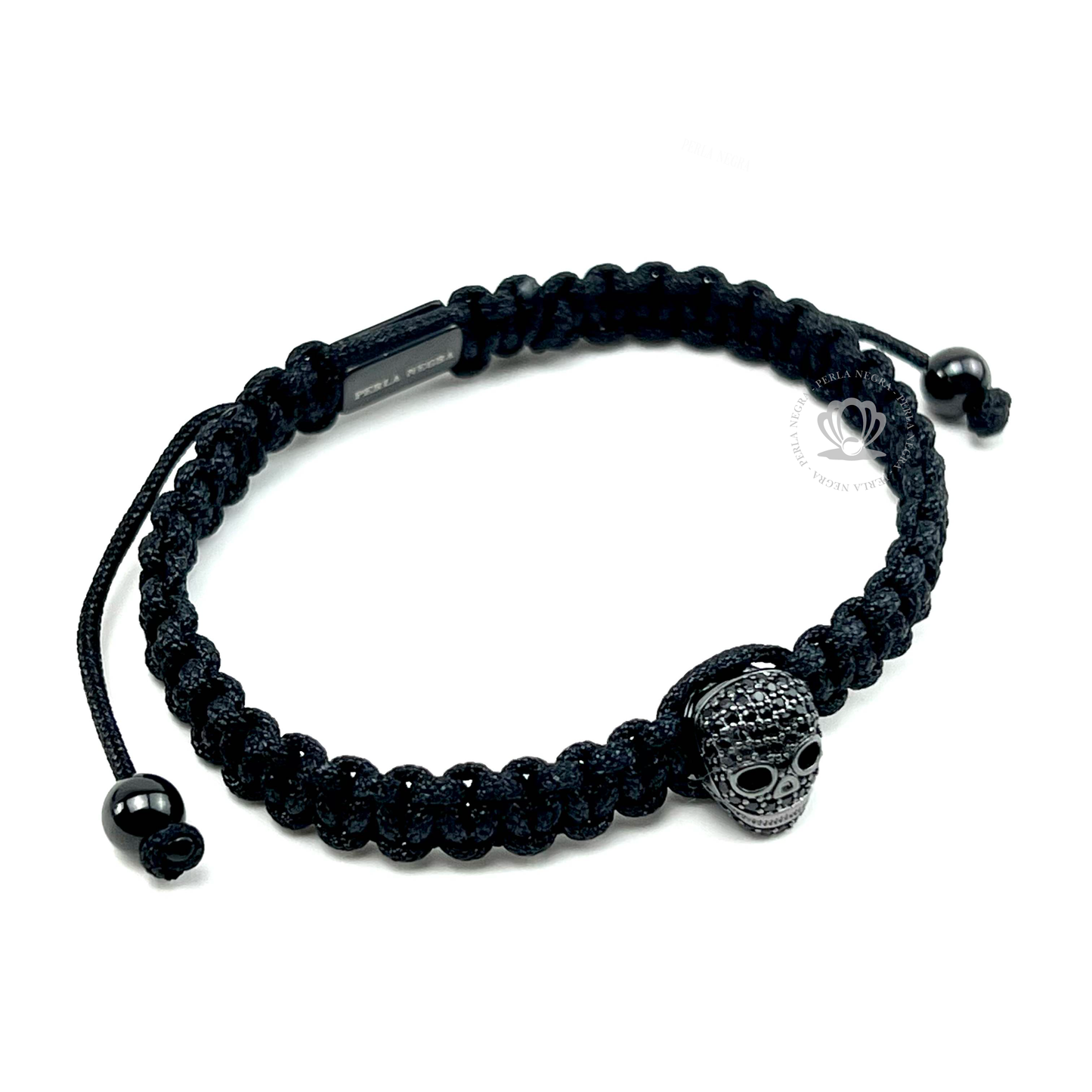 Rhodium Skull & Black Cz - Black Rope