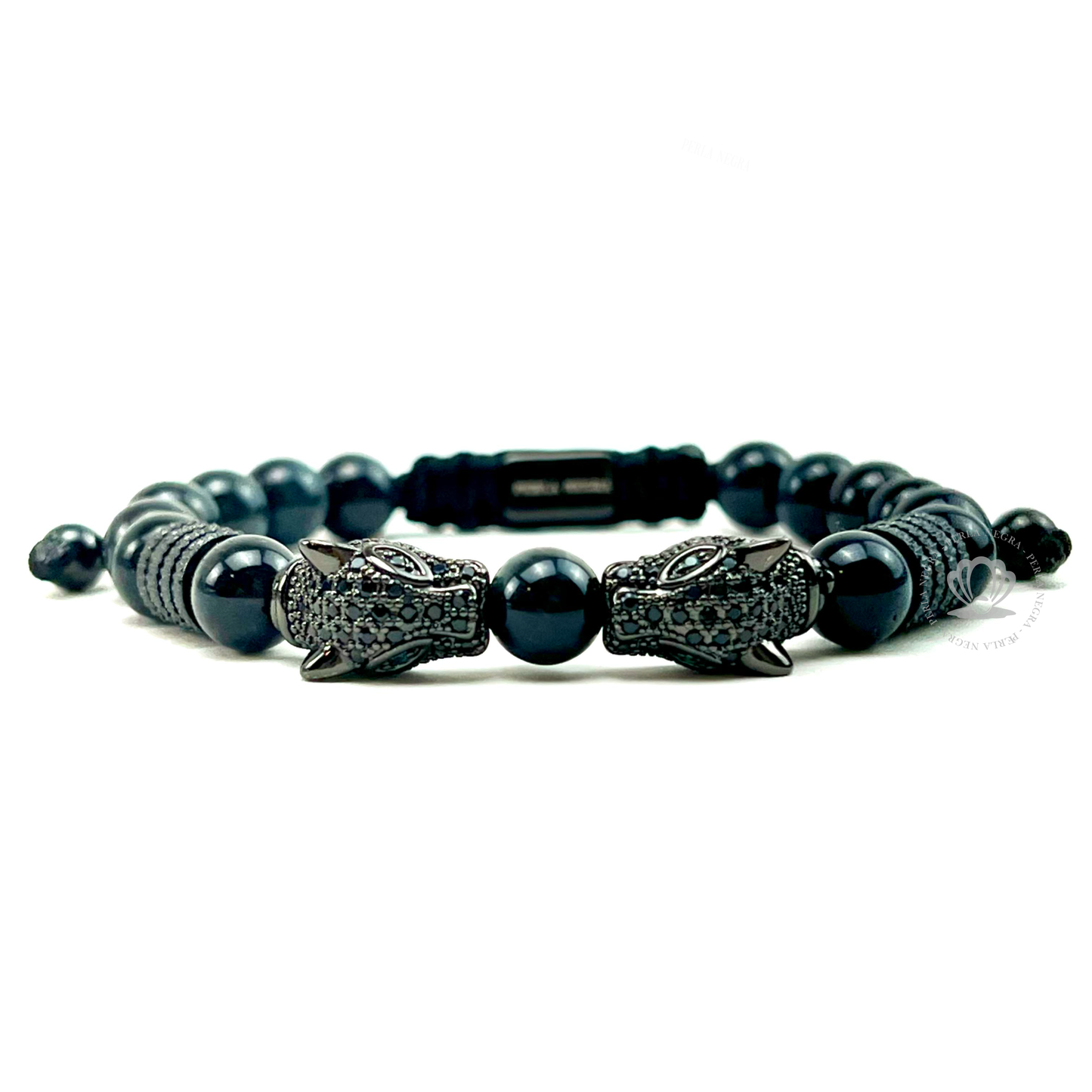 Rhodium Jaguar & Natural Blue Tiger Eye Stone Beads Bracelet