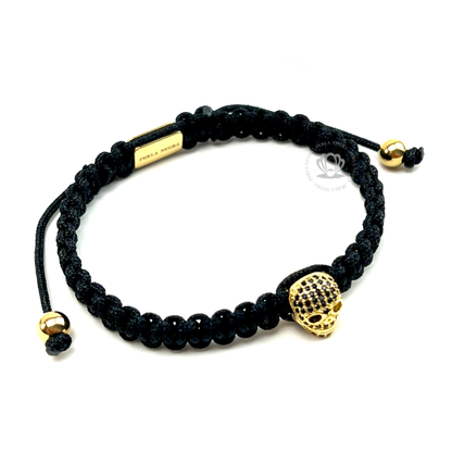 18k Gold Skull & Black Cz - Black Rope