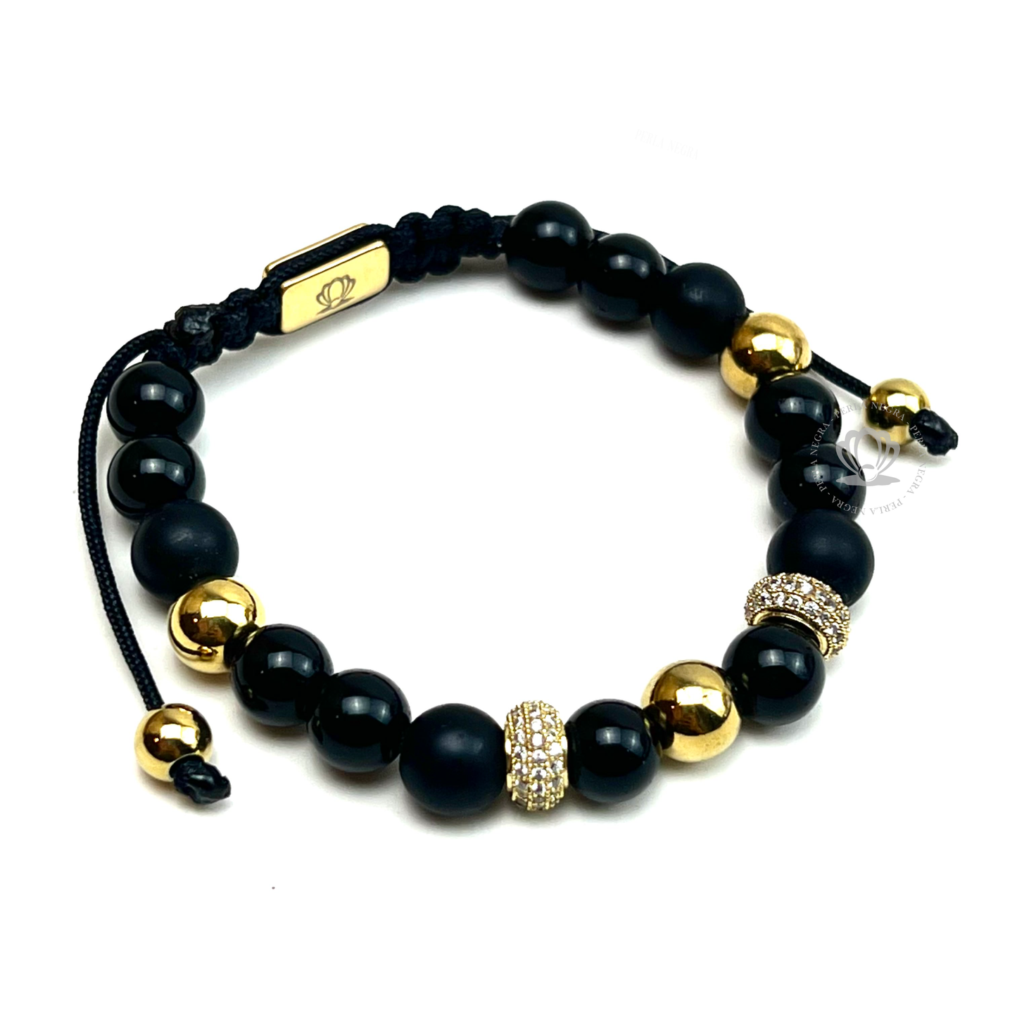 Yellow Gold Clear Cz & Onyx Beads Bracelet "Modelo Unico"