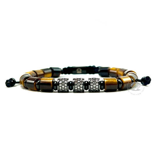 Brown Tiger Eye & Rhodium Clear Cz Barrels Bracelet