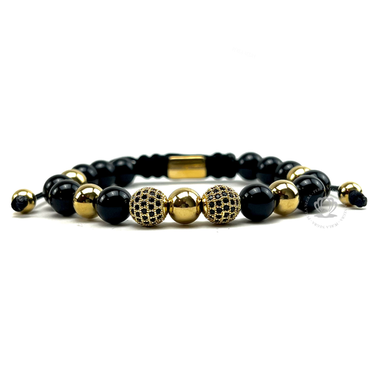 Black Onyx & Yellow Gold Cz Beads Bracelet