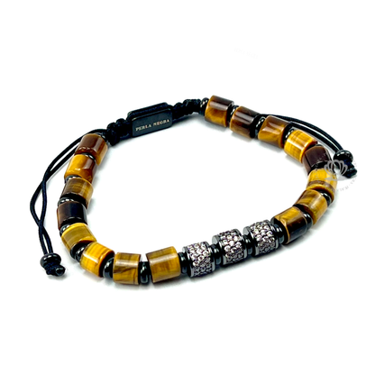 Brown Tiger Eye & Rhodium Clear Cz Barrels Bracelet