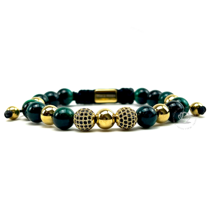 Green Tiger Eye & Yellow Gold Cz Beads Bracelet