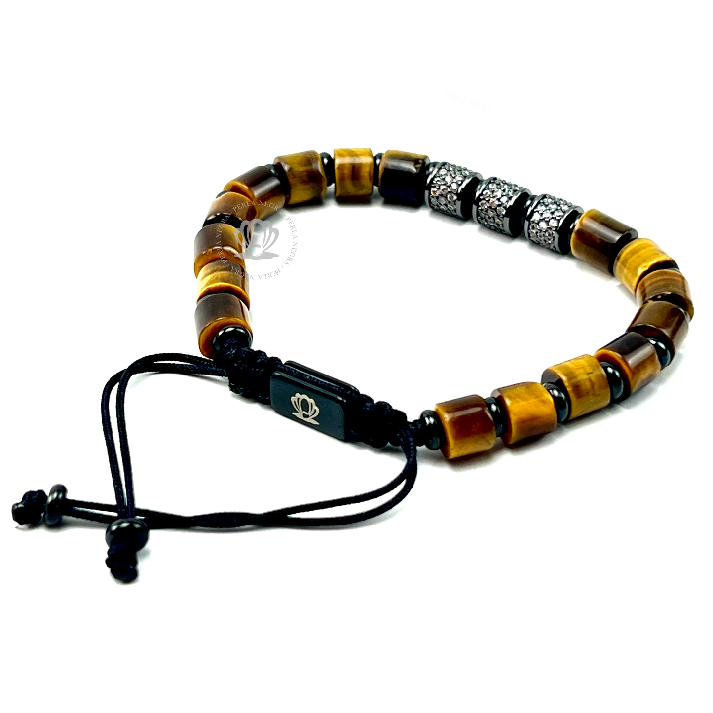 Brown Tiger Eye & Rhodium Clear Cz Barrels Bracelet