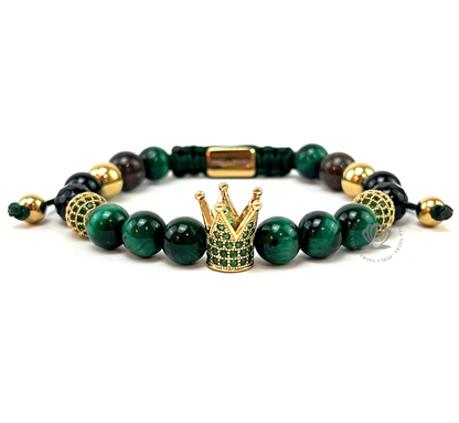 Yellow Gold Cz Crown, Green Tiger Eye &  Green Cz Curved Combination