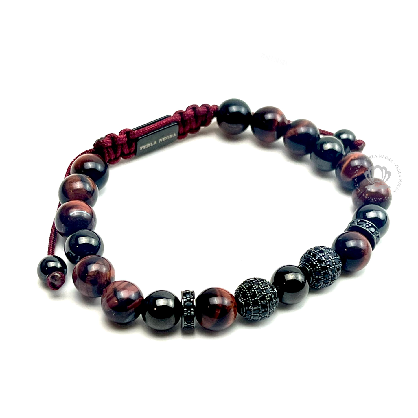 Red Tiger Eye & Rhodium Cz Beads Bracelet