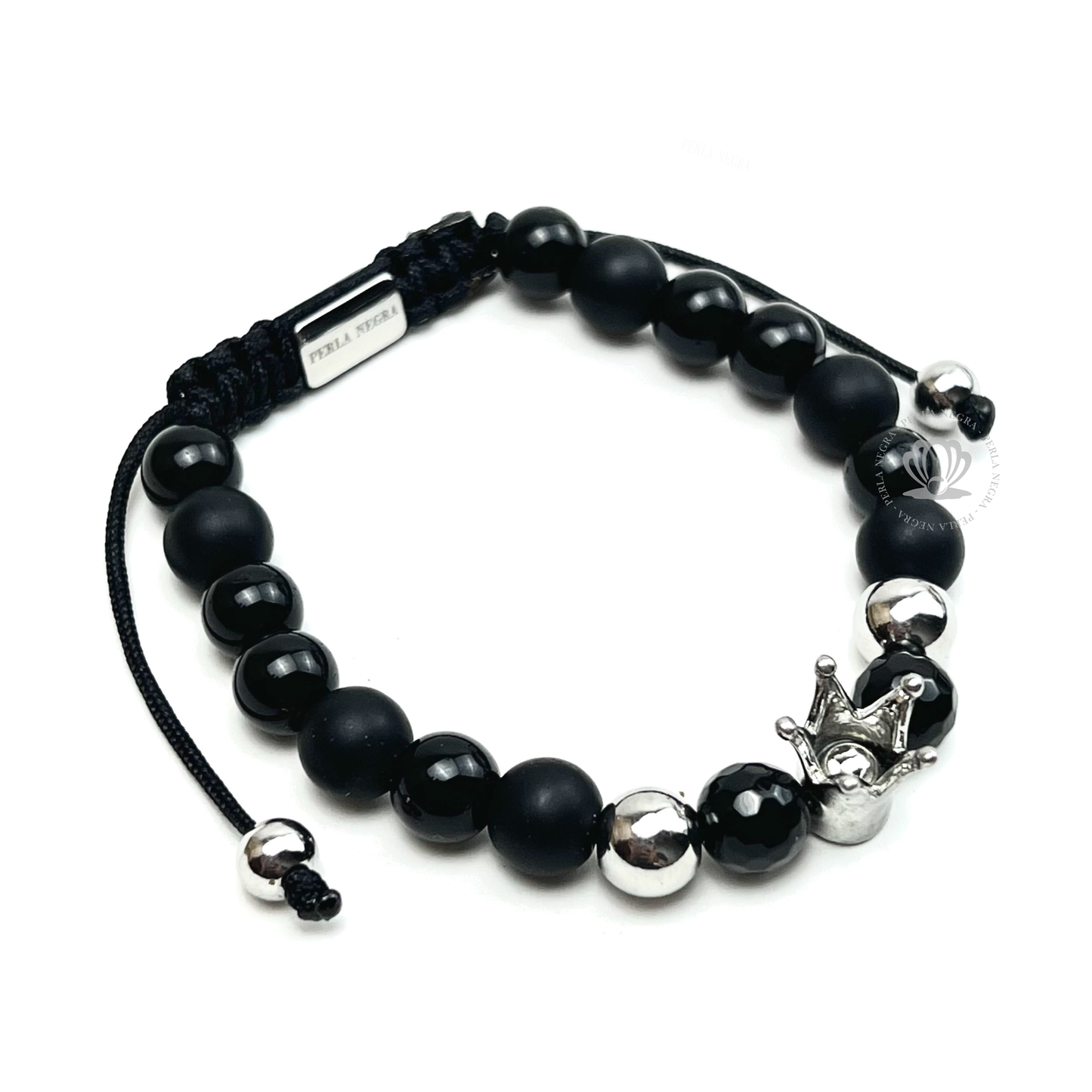 Silver Crown & Onyx Beads Bracelet