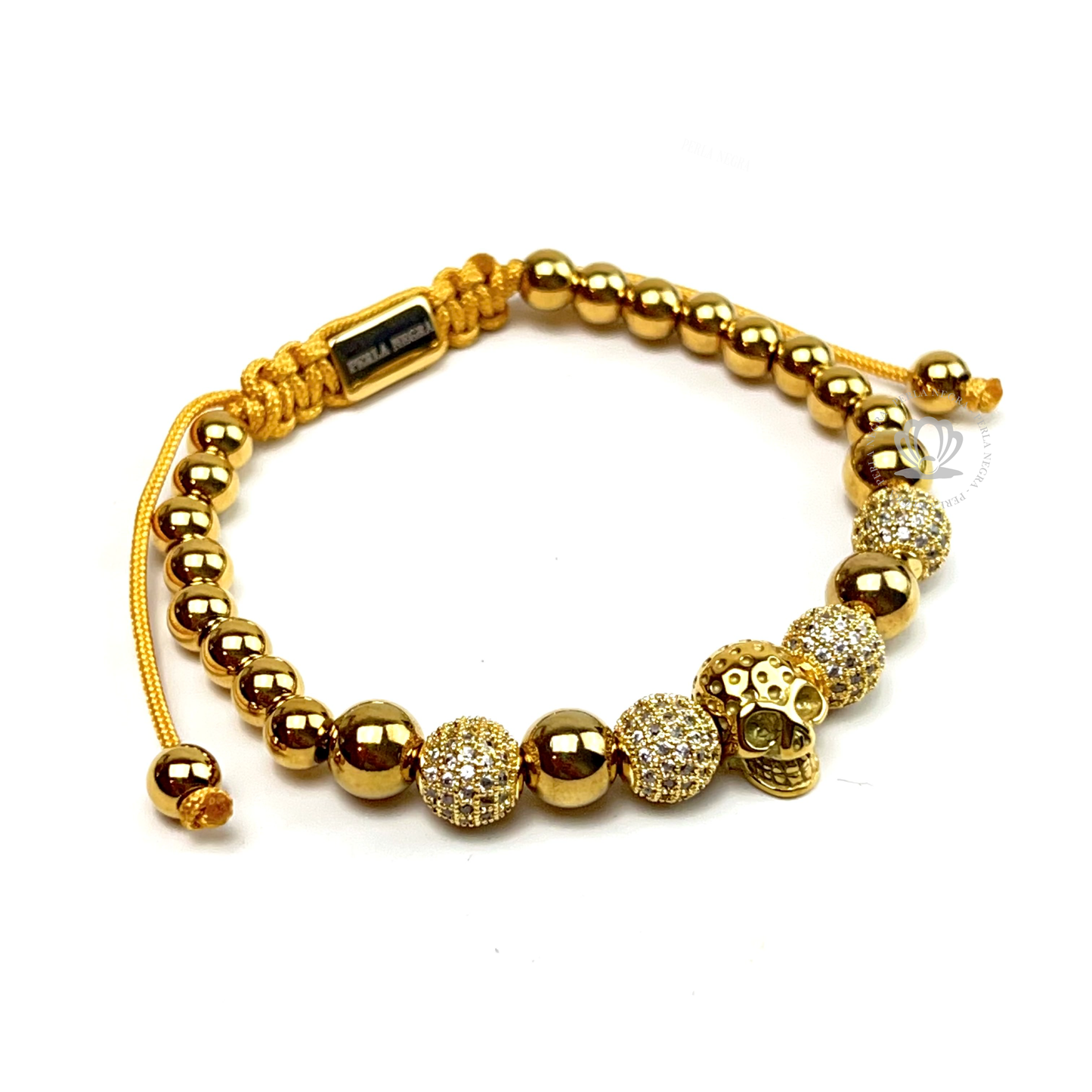 18k Gold Skull, Gold Beads & Clear Cz Bracelet