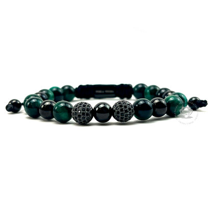 Green Tiger Eye & Rhodium Cz Beads Bracelet