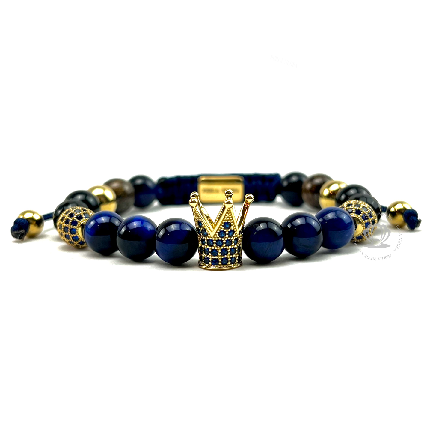 Gold Cz Crown & Blue Tiger Eye Bracelet