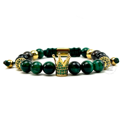 Gold Cz Crown & Green Tiger Eye Bracelet