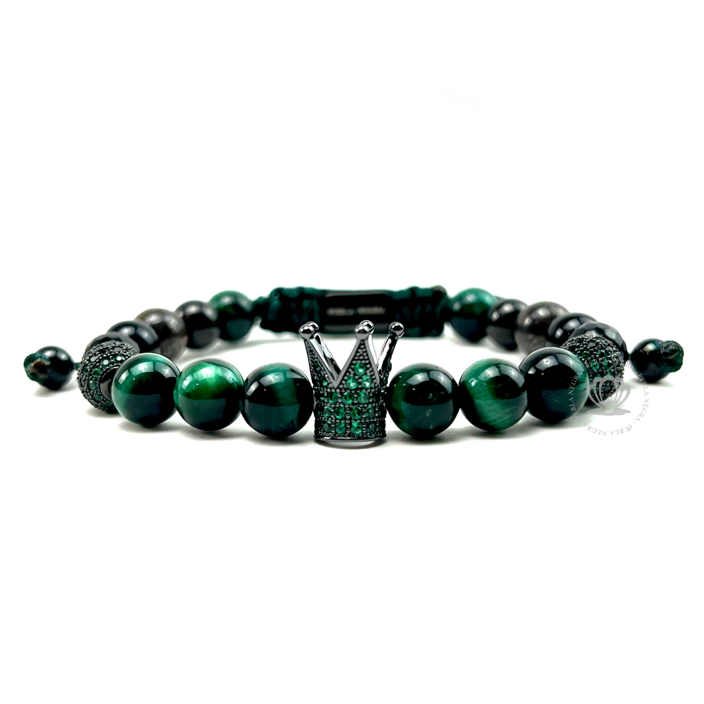 Rhodium Cz Crown, Green Tiger Eye Bracelet