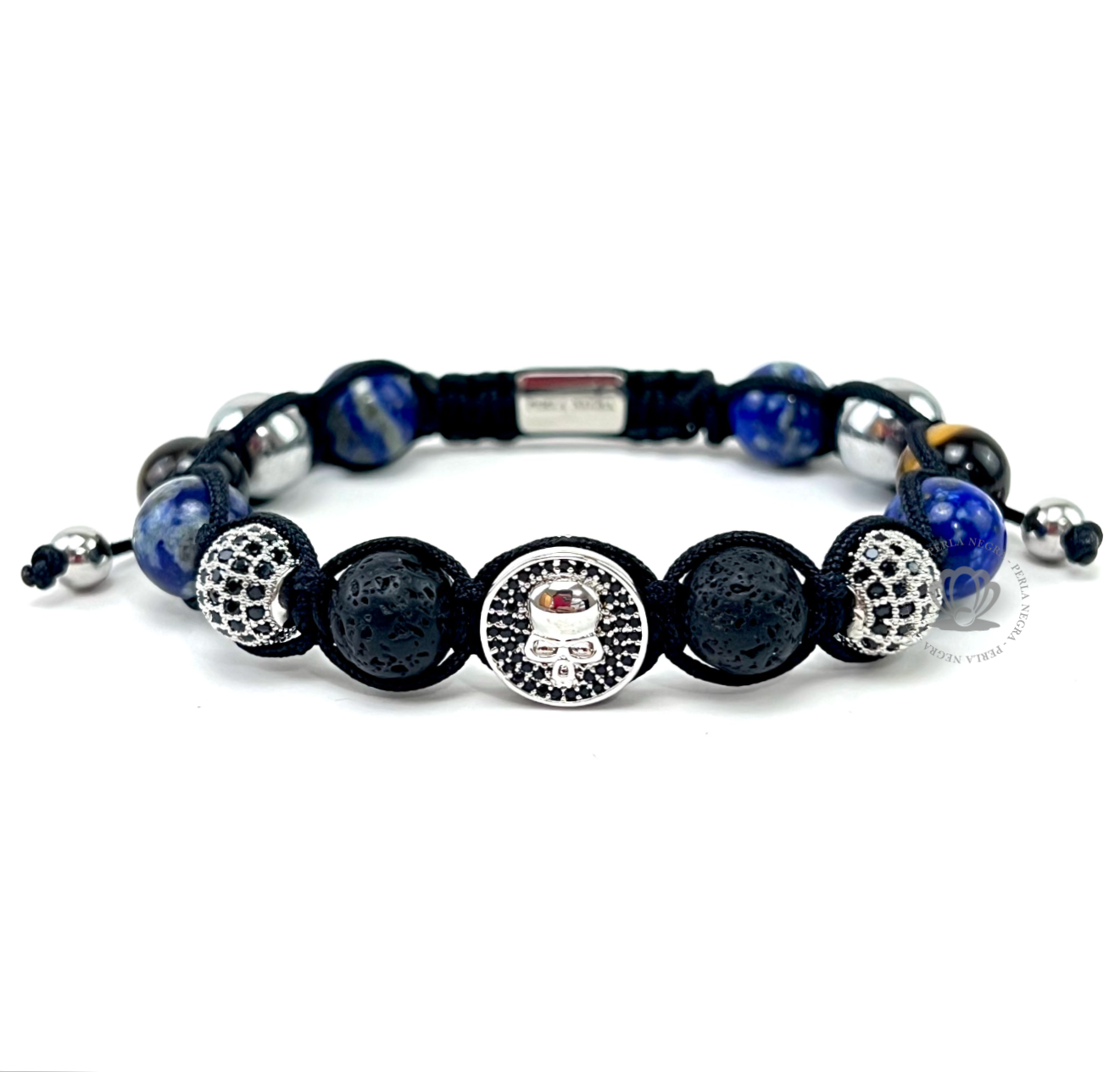 White Gold Cz Skull, White Gold Crown & Blue Tiger Eye Beads Combination