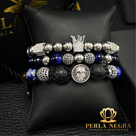 White Gold Cz Skull, White Gold Crown & Blue Tiger Eye Beads Combination