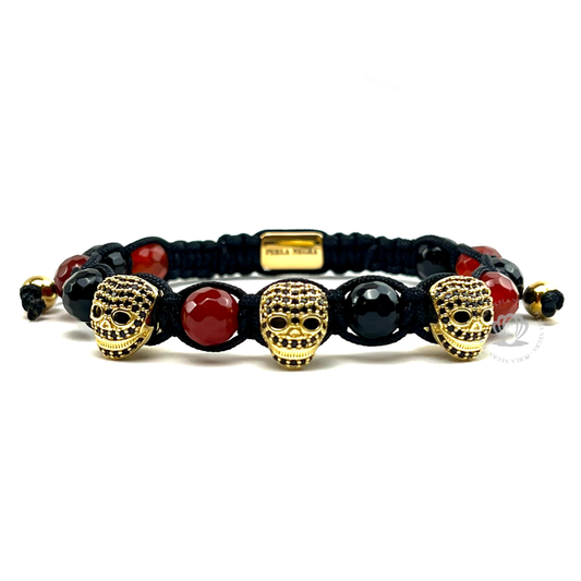 Triple Yellow Gold Skull Black Cz Bracelet