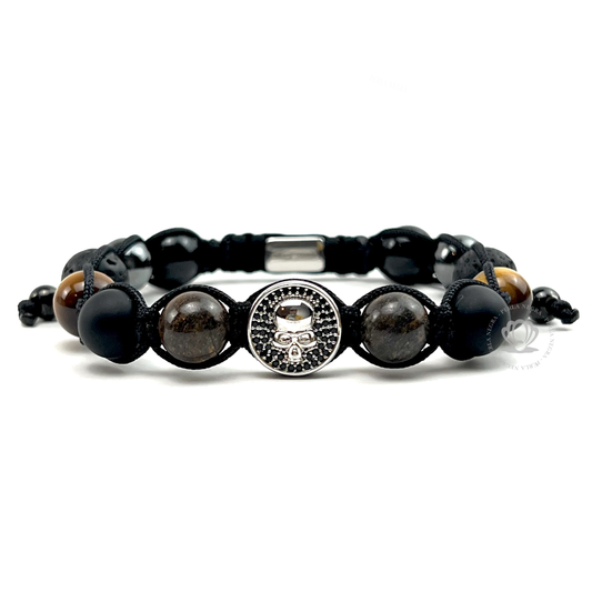 White Gold Cz Skull, Brown Tiger Eye & Onyx Bracelet