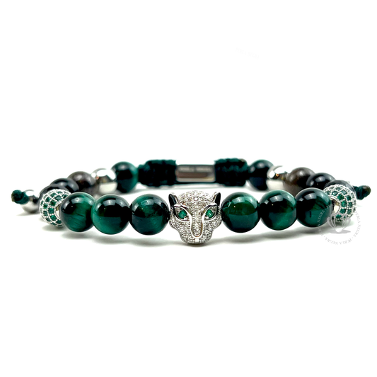 Silver Jaguar Green Cz , Green Tiger Eye & Agata Bracelet