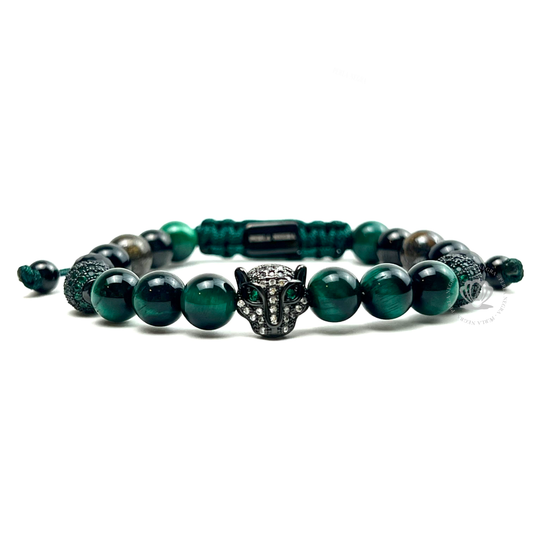 Rhodium Jaguar Green Cz, Agata & Green Tiger Eye Beads