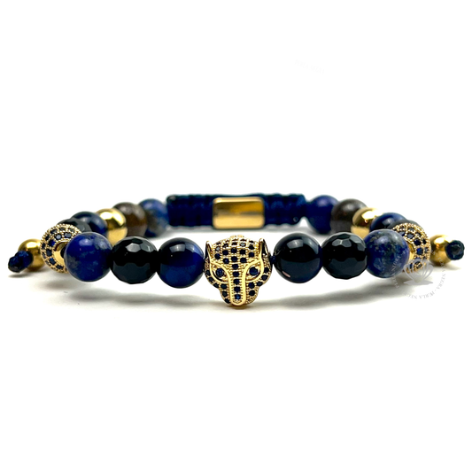 Yellow Gold Jaguar Blue Tiger Eye & Agata Bracelet