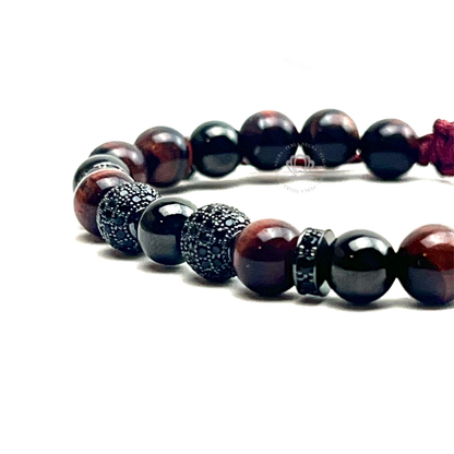 Red Tiger Eye & Rhodium Cz Beads Bracelet