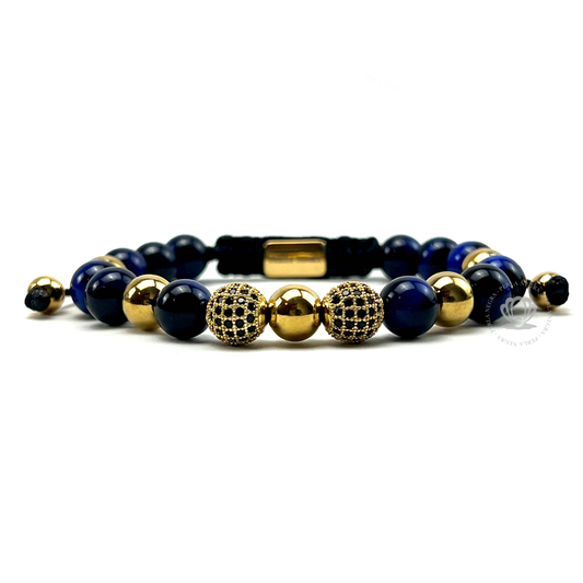 Blue Tiger Eye & Yellow Gold Cz Beads Bracelet